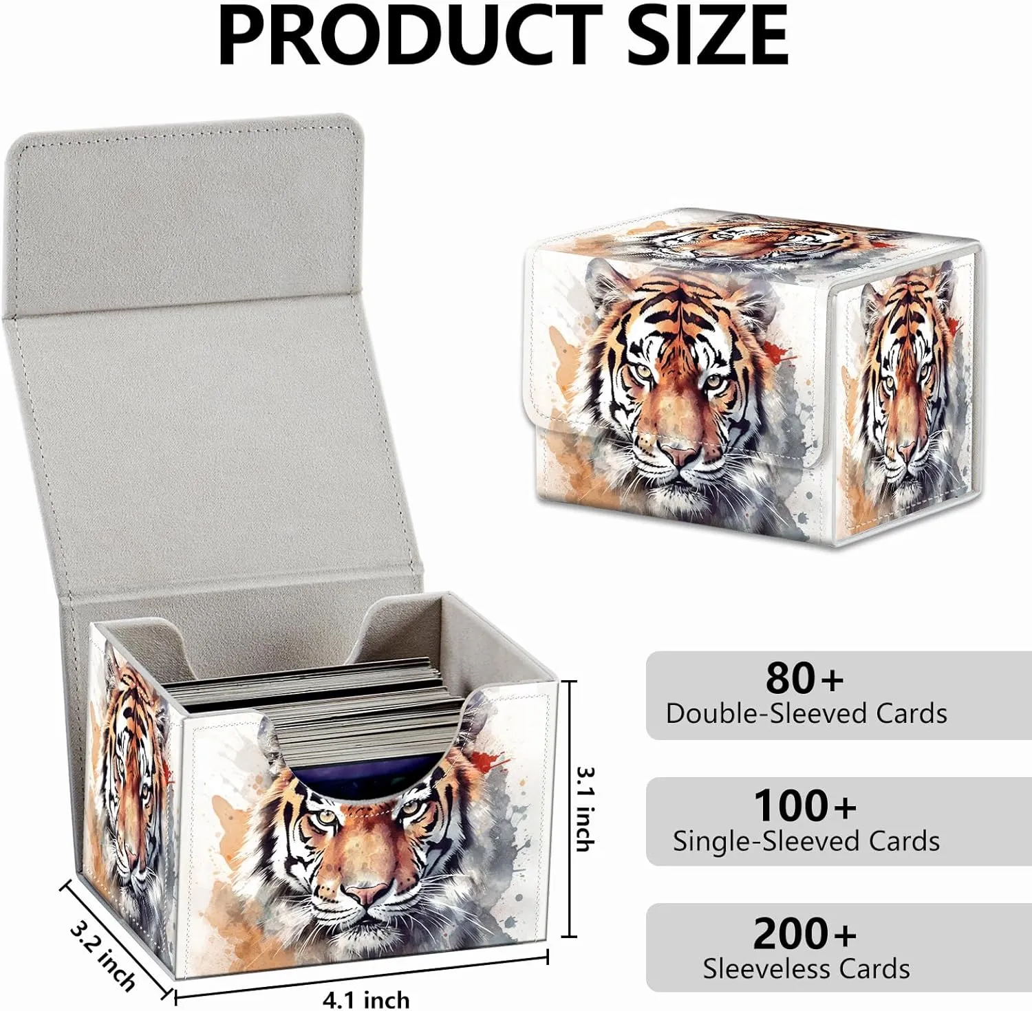 Strong Magnet Card Case Deck Box Mtg Card Box Playing Card Box Magic Deck Box Tcg Up to 200 Cards Creative Pattern Trading Card Storage Box for Collectible Card Games, Watercolor Tiger Painting