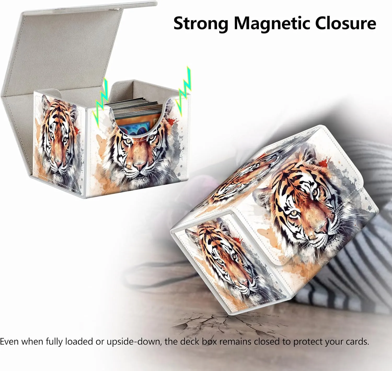 Strong Magnet Card Case Deck Box Mtg Card Box Playing Card Box Magic Deck Box Tcg Up to 200 Cards Creative Pattern Trading Card Storage Box for Collectible Card Games, Watercolor Tiger Painting