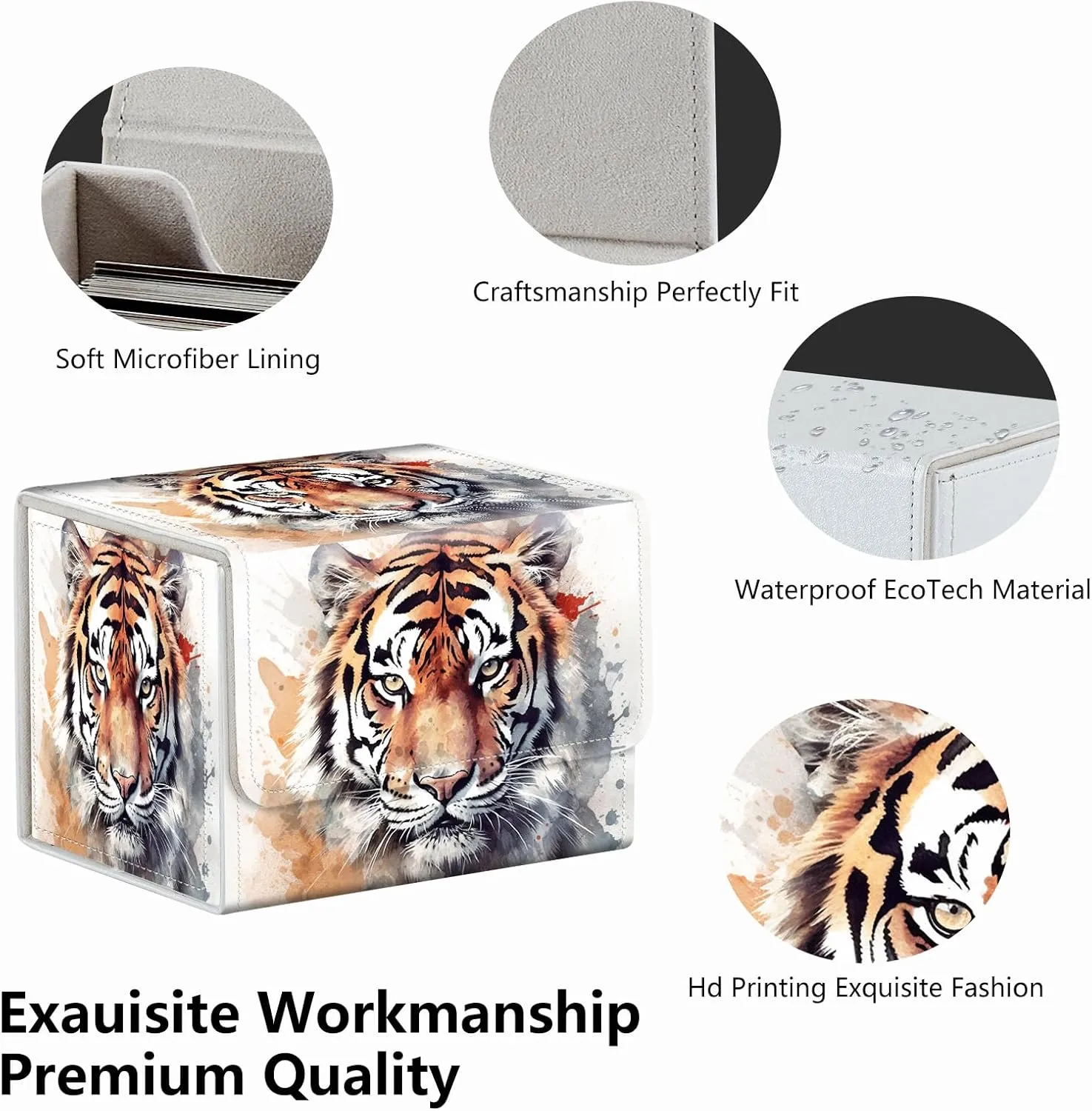 Strong Magnet Card Case Deck Box Mtg Card Box Playing Card Box Magic Deck Box Tcg Up to 200 Cards Creative Pattern Trading Card Storage Box for Collectible Card Games, Watercolor Tiger Painting