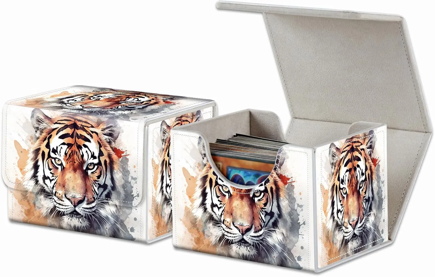 Strong Magnet Card Case Deck Box Mtg Card Box Playing Card Box Magic Deck Box Tcg Up to 200 Cards Creative Pattern Trading Card Storage Box for Collectible Card Games, Watercolor Tiger Painting