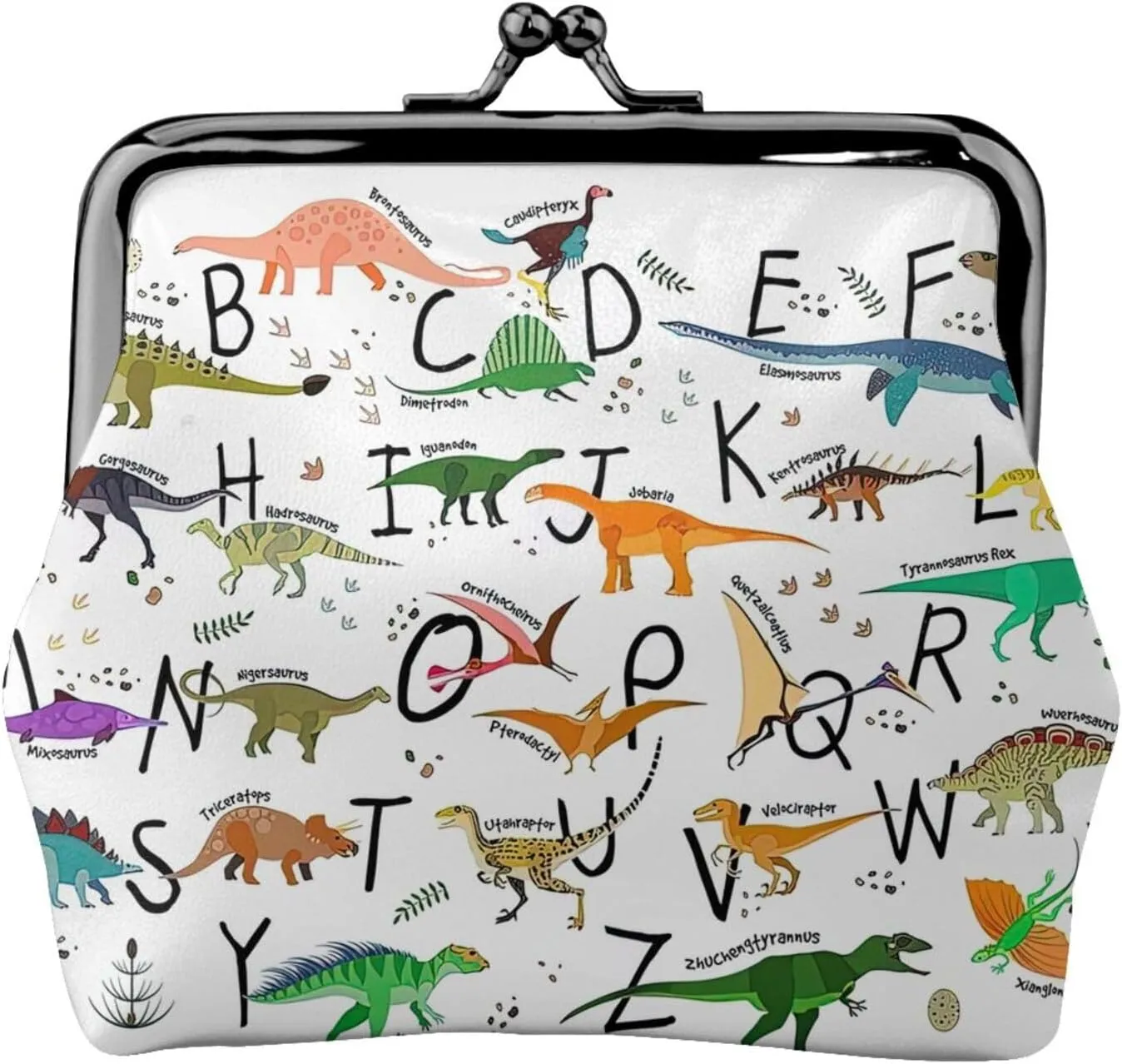 Stylish Learning Alphabets with Dinosaurs print Coin Purse with Kiss Lock Buckle Small Change Purse Card Holder Coin Pouch for Women