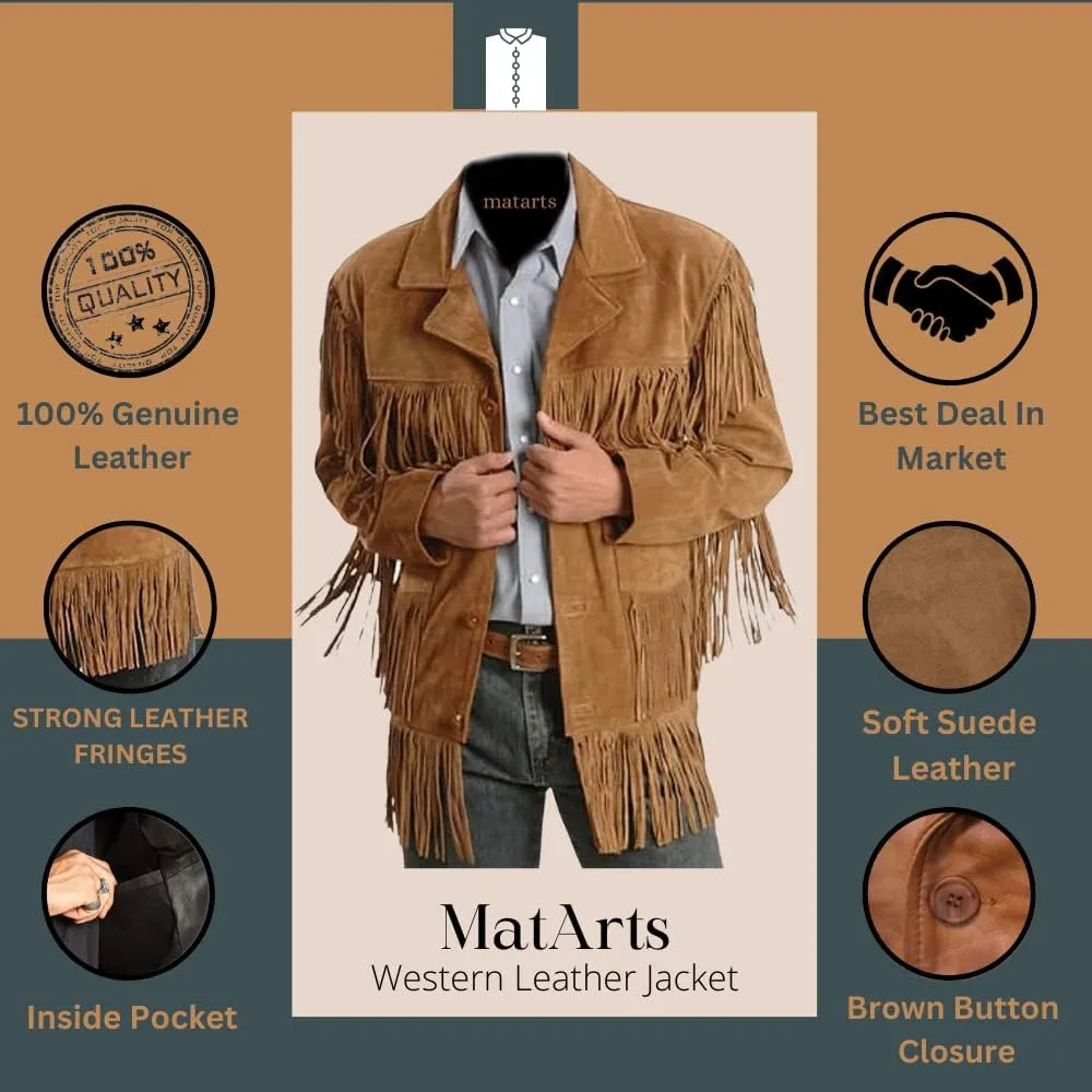 Suede Leather Jacket for Men Western Cowboy Native American Brown Fringe Biker Style Coat Outerwear