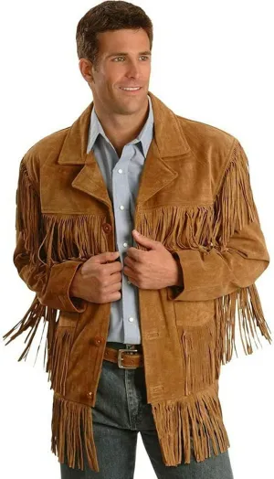 Suede Leather Jacket for Men Western Cowboy Native American Brown Fringe Biker Style Coat Outerwear