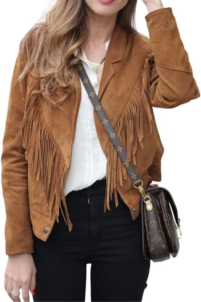Suede Leather Jacket for Women Western CowLady Native American Brown Fringe Coat -Cowgirl Outerwear