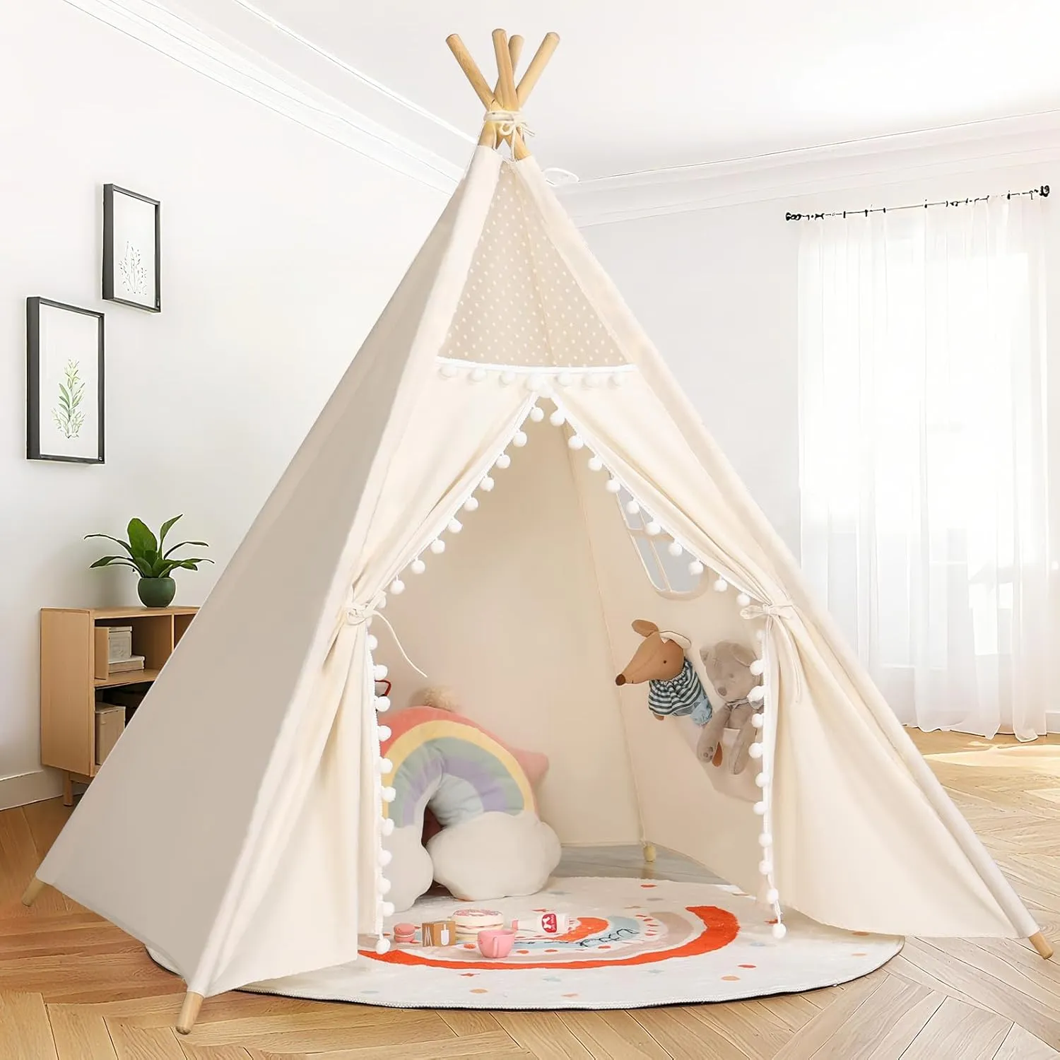Sumbababy Kids Teepee Tent for Toddlers Indoor- Play Tents for Girls & Boys Slumber Party - Washable Tipi Sleepover Tent Kid Boho Toddler Tents with Lights & Carry Bag - Foldable Outdoor Gift Toys