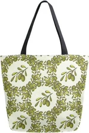 Summer Oliver Wreath Canvas Tote Bag Vintage Leaves Women Shoulder Bag Reusable Grocery Bags Large Handbag Travel Shopping Bag for School Nursing Gift Outdoors