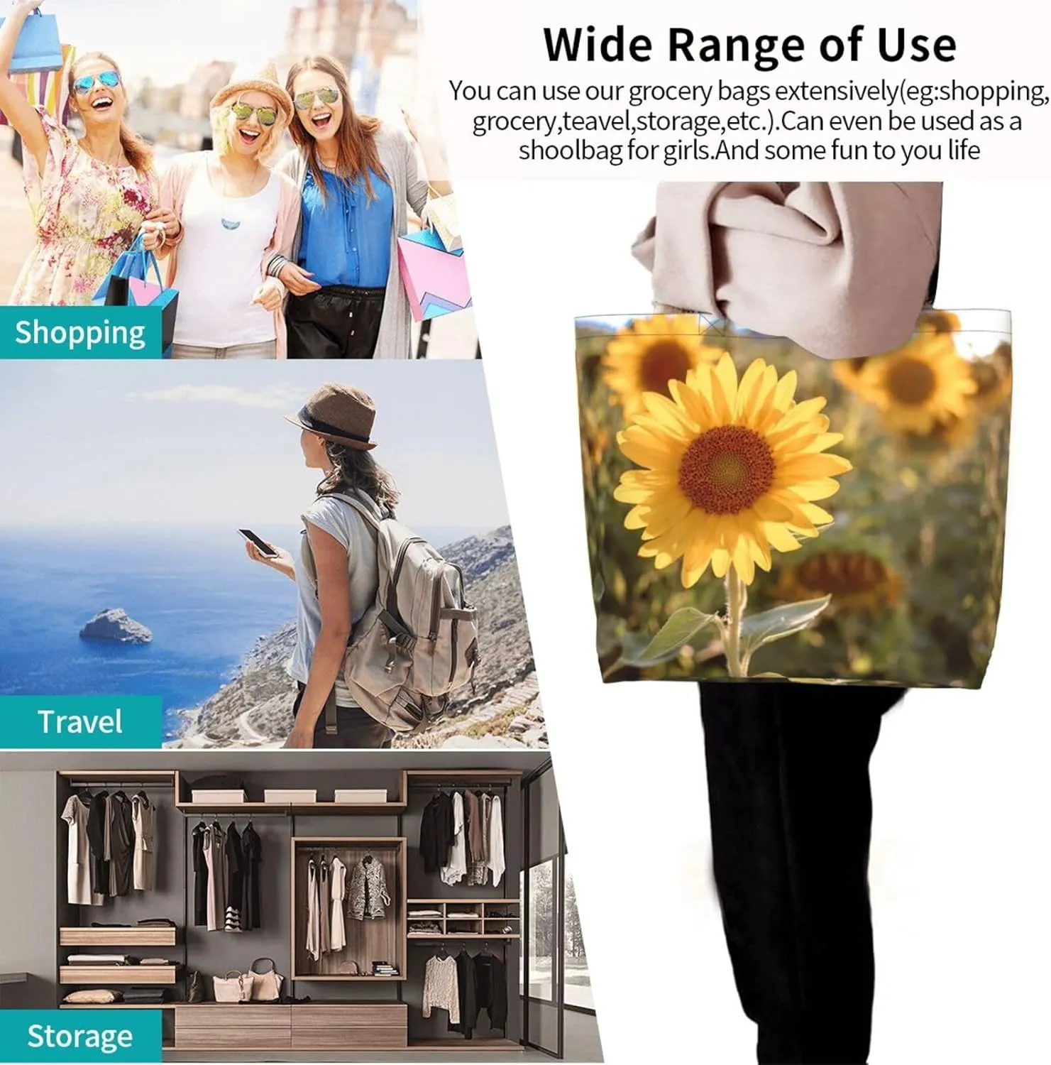 Sunflower Casual Daily Handbags Classic Style Shoulder Bags Women'S Large-Capacity Shoulder Shopping Bags Black