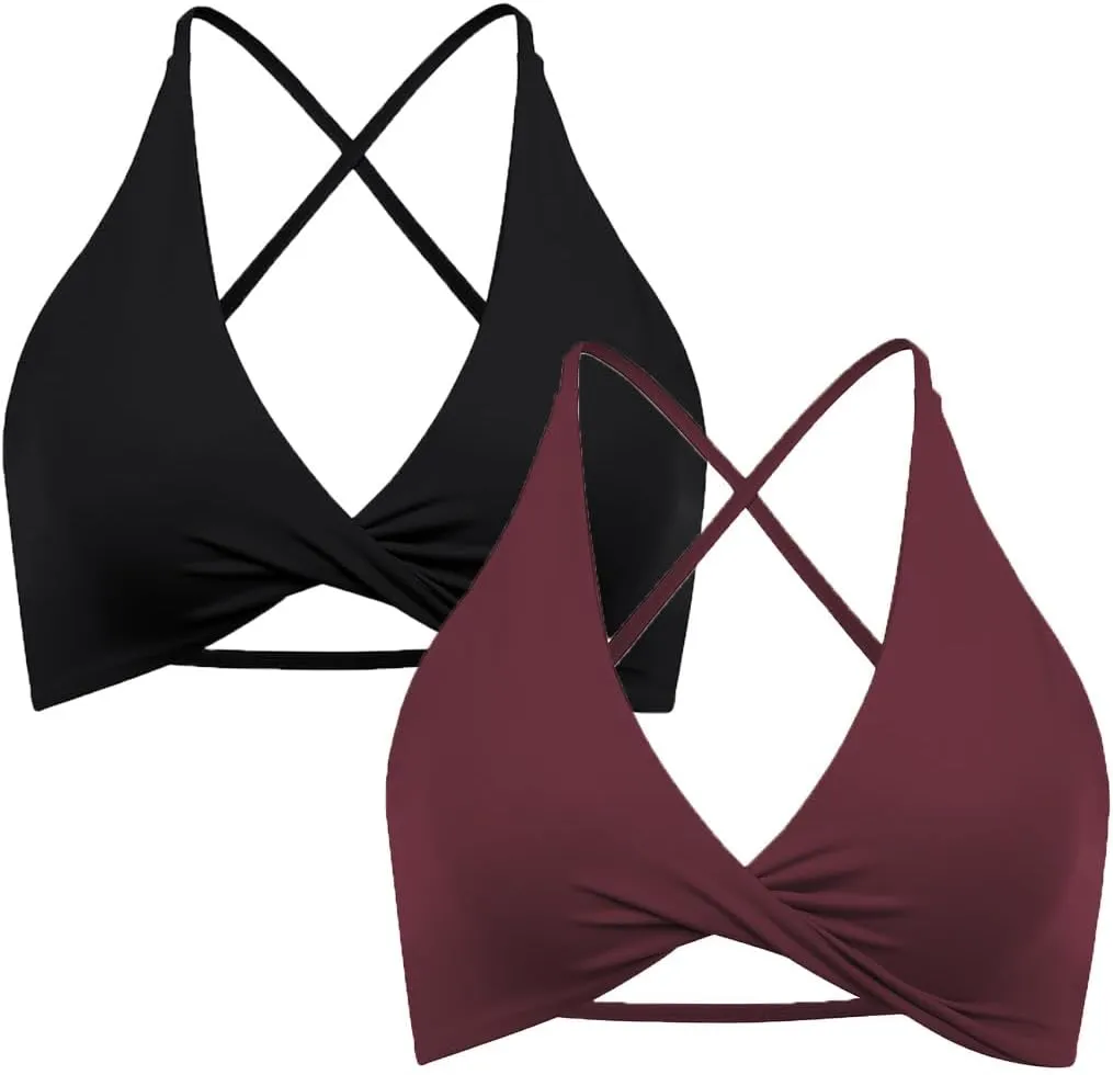 SUUKSESS Women 2 Piece Open Back Strappy Sports Bra Pack Twist V Neck Workout Crops