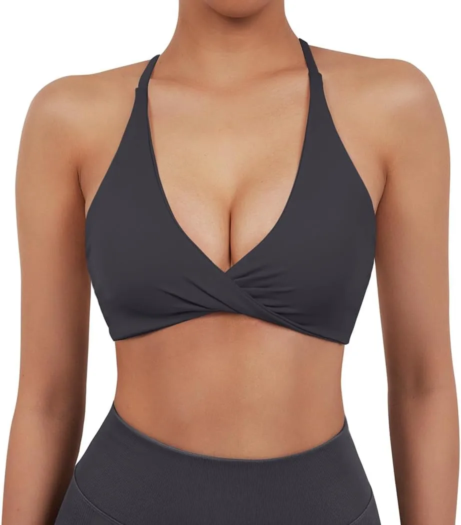 SUUKSESS Women 2 Piece Open Back Strappy Sports Bra Pack Twist V Neck Workout Crops
