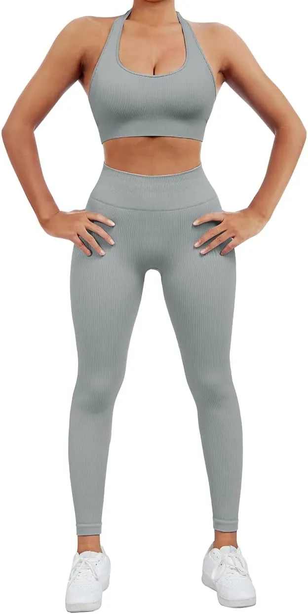 SUUKSESS Women Seamless Ribbed Workout Set Backless Sports Bra Booty Biker Short