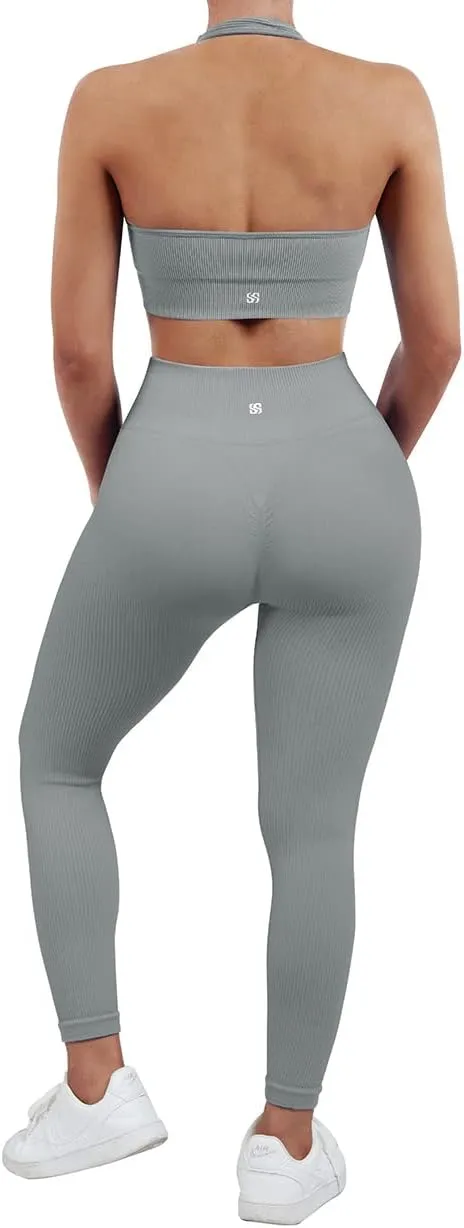 SUUKSESS Women Seamless Ribbed Workout Set Backless Sports Bra Booty Biker Short