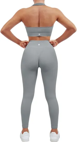 SUUKSESS Women Seamless Ribbed Workout Set Backless Sports Bra Booty Biker Short