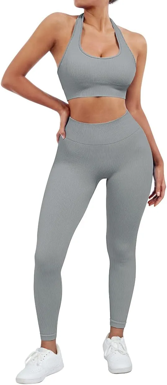 SUUKSESS Women Seamless Ribbed Workout Set Backless Sports Bra Booty Biker Short