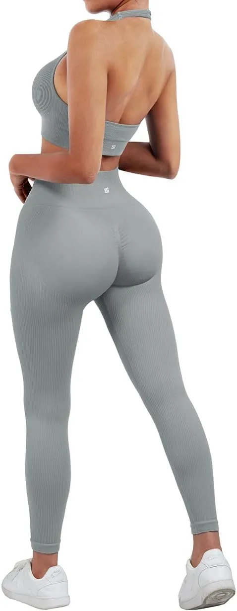SUUKSESS Women Seamless Ribbed Workout Set Backless Sports Bra Booty Biker Short