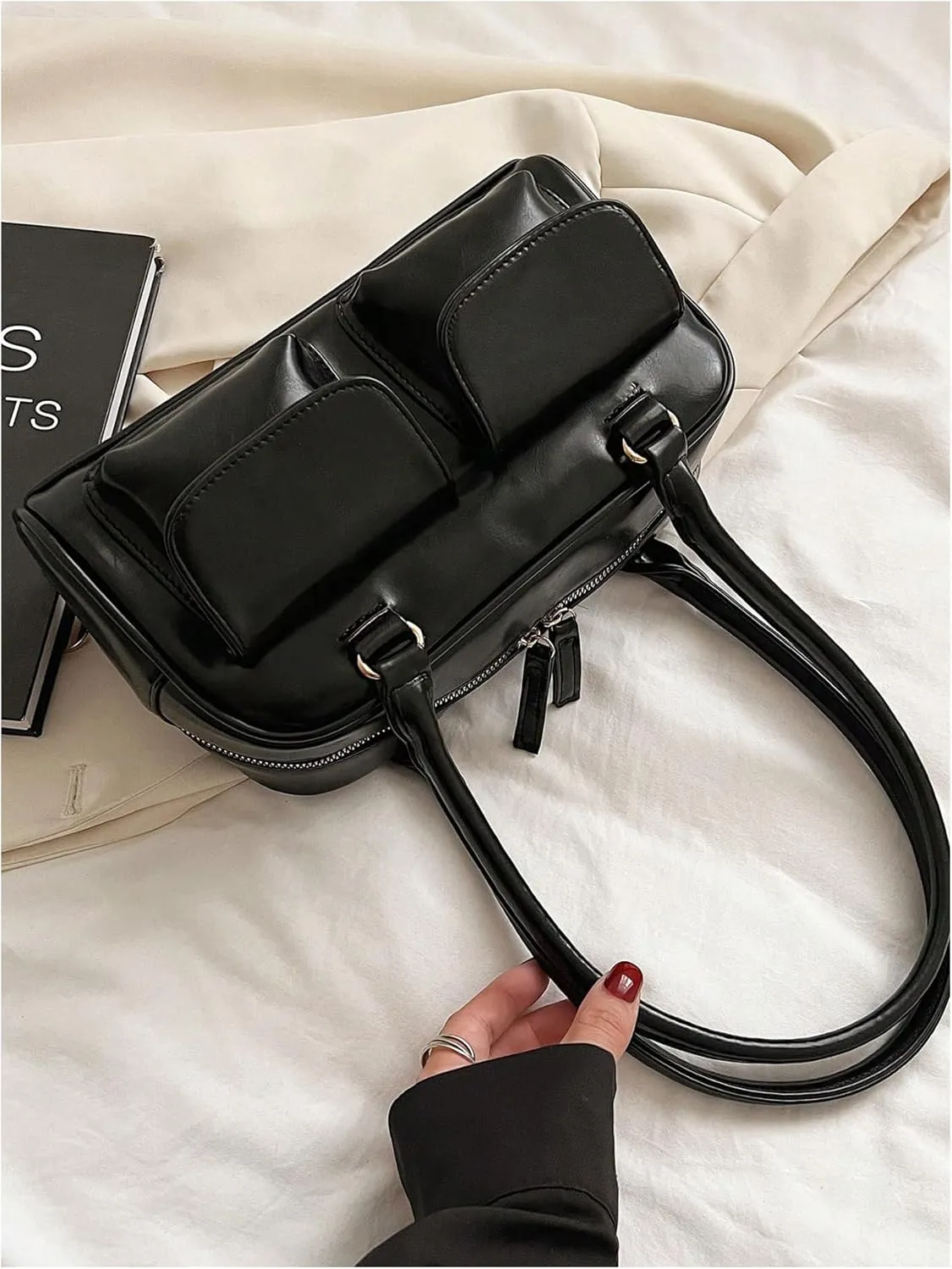 SweatyRocks Women's Zipper Double Handle Large Capacity Shoulder Handbag PU Leather Underarm Purses