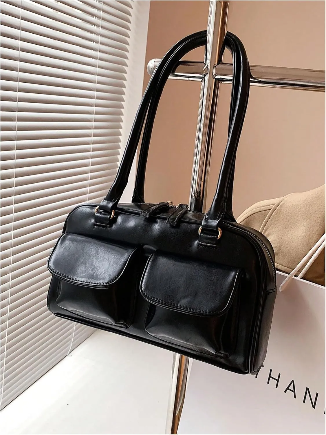 SweatyRocks Women's Zipper Double Handle Large Capacity Shoulder Handbag PU Leather Underarm Purses