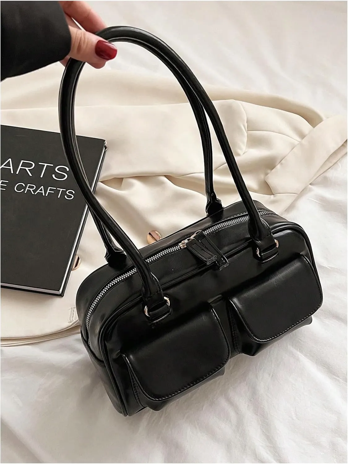SweatyRocks Women's Zipper Double Handle Large Capacity Shoulder Handbag PU Leather Underarm Purses