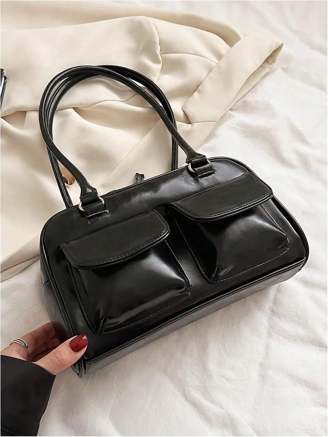SweatyRocks Women's Zipper Double Handle Large Capacity Shoulder Handbag PU Leather Underarm Purses