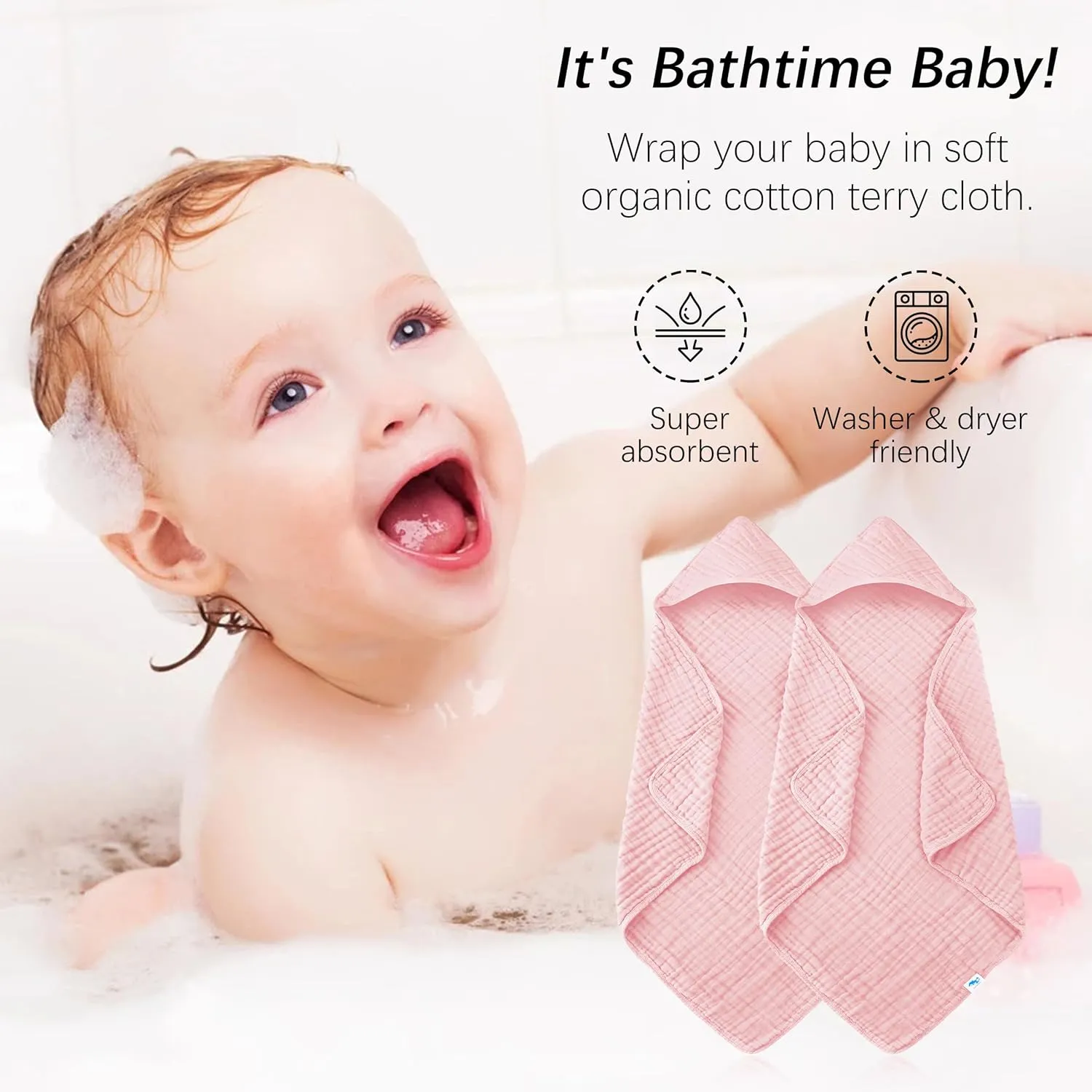 SWEET DOLPHIN Muslin Hooded Baby Bath Towels - 2 Pack 100% Cotton Towel for Babies, Infants, Toddlers - 32x32Inch - Highly Absorbent and Newborn Essential, Pink