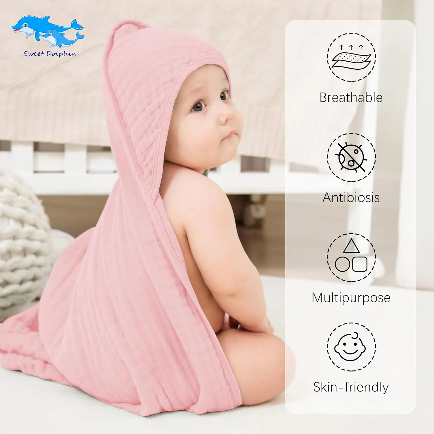 SWEET DOLPHIN Muslin Hooded Baby Bath Towels - 2 Pack 100% Cotton Towel for Babies, Infants, Toddlers - 32x32Inch - Highly Absorbent and Newborn Essential, Pink