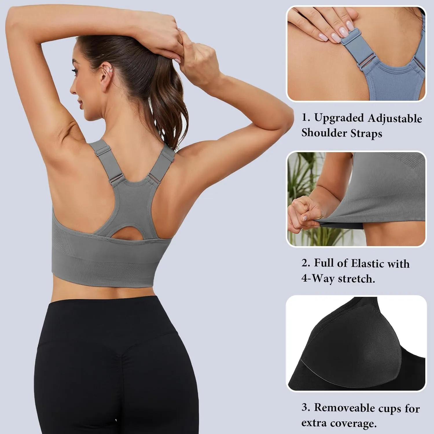 Sykooria Adjustable Sports Bra for Women High Support Padded Workout Tops Packs Gym Fitness Running Yoga Bras