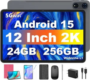 Tablet 12 inch Android 15 Tablets, 24GB（8 16）RAM 256 Storage(Expand to 1TB), Android Tablet with Keyboard, Octa-Core, 2K 2000x1200 Display, 16MP Dual Camera, 8000mAh, 5G WiFi,GPS,Bluetooth 5.0（Pink）