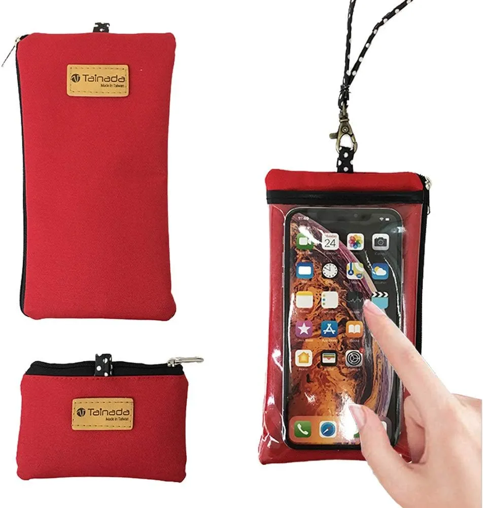 Tainada Phone Purse Pouch Bag with Clear View Window Touch Screen & Neck Strap Lanyard Compatible with Most of Smartphones   One ID Window Card Holder Coin Purse (Red)
