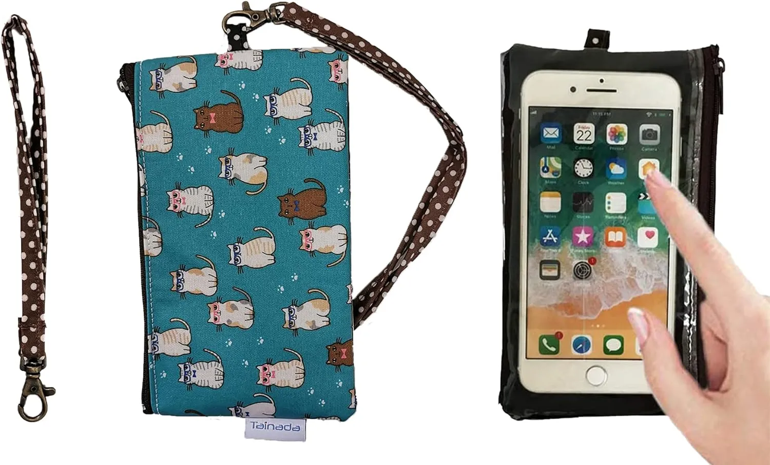 Tainada Phone Wristlet Purse 2 in 1 Pouch w/Clear View Window Touch Screen & Detachable Neck Strap Lanyard, Wristlet Strap for iPhone 15/14 Pro Max, 15/14 Plus; Samsung S24  (Cats Pattern Turquoise)