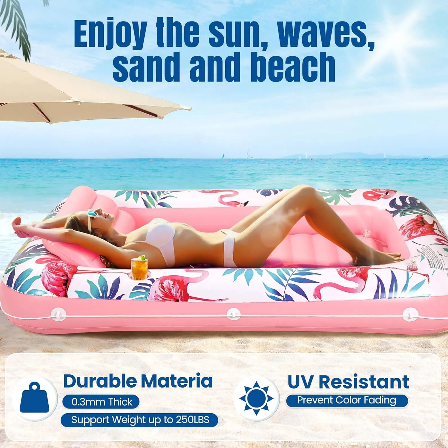 Tanning Pool Floats for Adults with Cup Holder & Pillow, Thick UV-Resistant PVC Portable Float for Backyard, Pool, Lake - Compact Design, Easy Inflation, Durable for Tanning & Relaxation