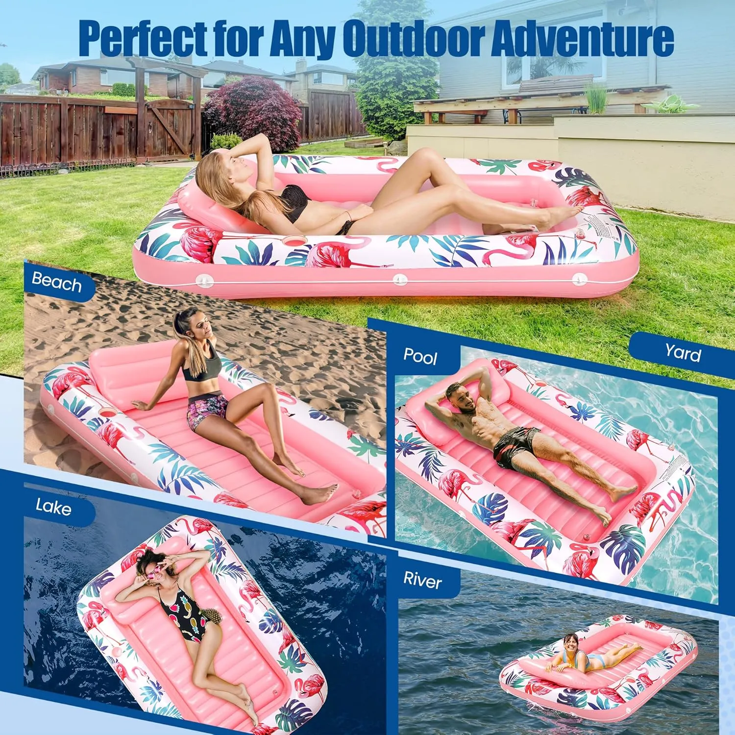 Tanning Pool Floats for Adults with Cup Holder & Pillow, Thick UV-Resistant PVC Portable Float for Backyard, Pool, Lake - Compact Design, Easy Inflation, Durable for Tanning & Relaxation