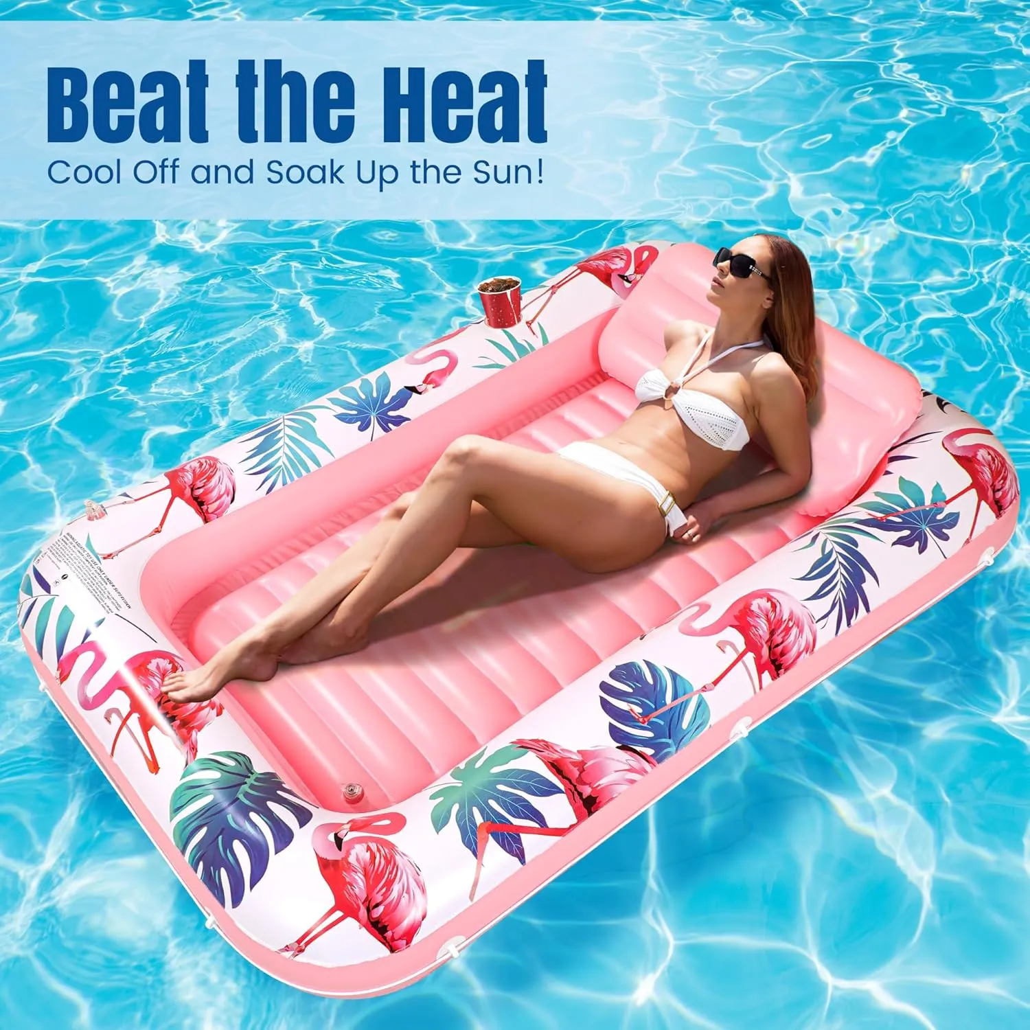 Tanning Pool Floats for Adults with Cup Holder & Pillow, Thick UV-Resistant PVC Portable Float for Backyard, Pool, Lake - Compact Design, Easy Inflation, Durable for Tanning & Relaxation