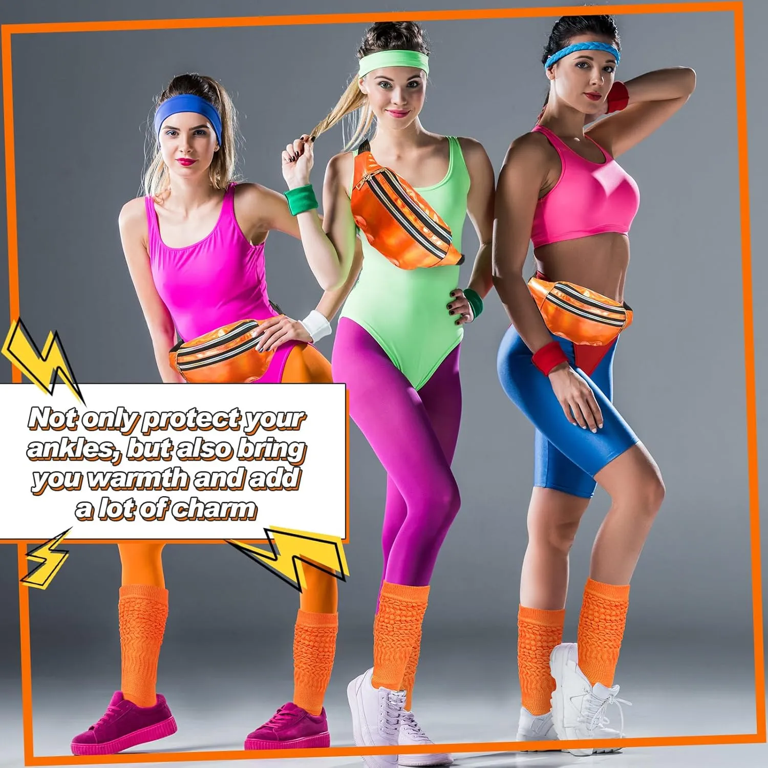 Tarpop 80s Neon Women Socks Holographic Fanny Pack Slouch Long Scrunch Sock Waist Bag for 80s 90s Halloween Costume