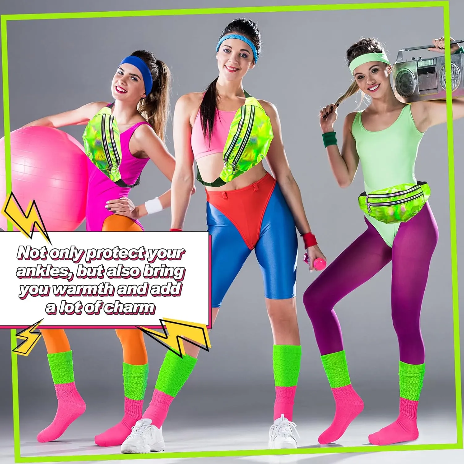 Tarpop 80s Neon Women Socks Holographic Fanny Pack Slouch Long Scrunch Sock Waist Bag for 80s 90s Halloween Costume