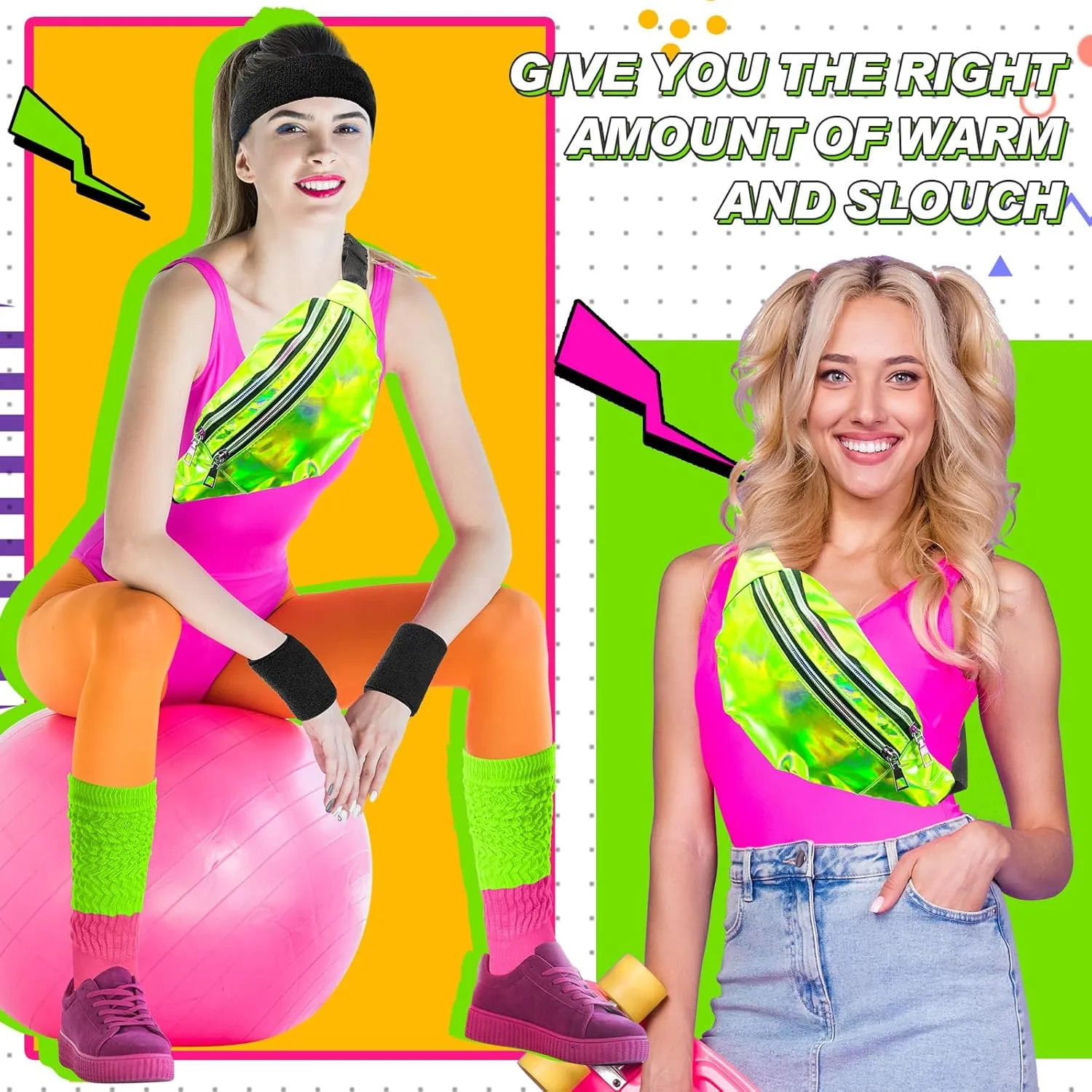 Tarpop 80s Neon Women Socks Holographic Fanny Pack Slouch Long Scrunch Sock Waist Bag for 80s 90s Halloween Costume