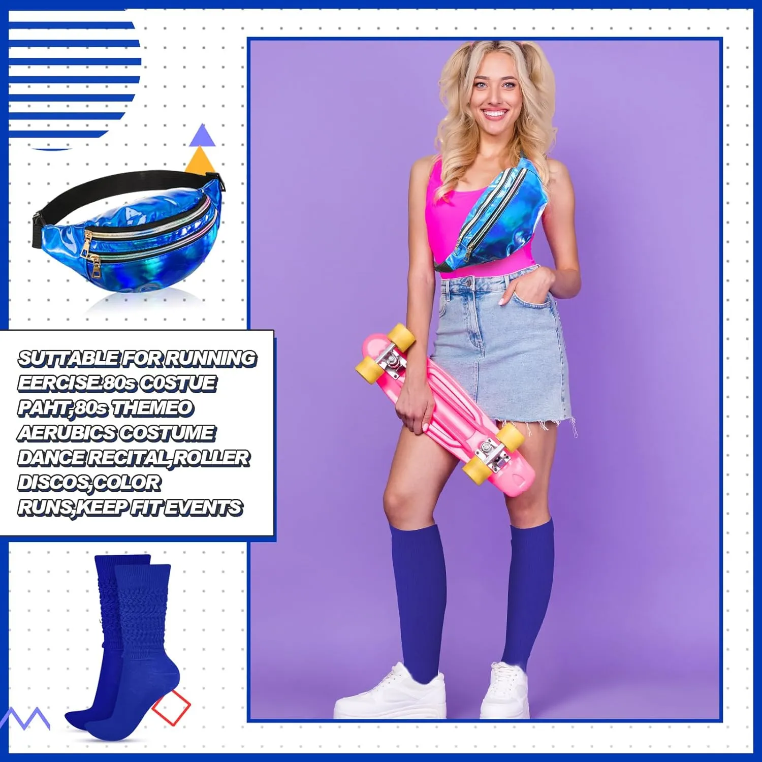 Tarpop 80s Neon Women Socks Holographic Fanny Pack Slouch Long Scrunch Sock Waist Bag for 80s 90s Halloween Costume
