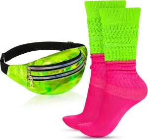 Tarpop 80s Neon Women Socks Holographic Fanny Pack Slouch Long Scrunch Sock Waist Bag for 80s 90s Halloween Costume