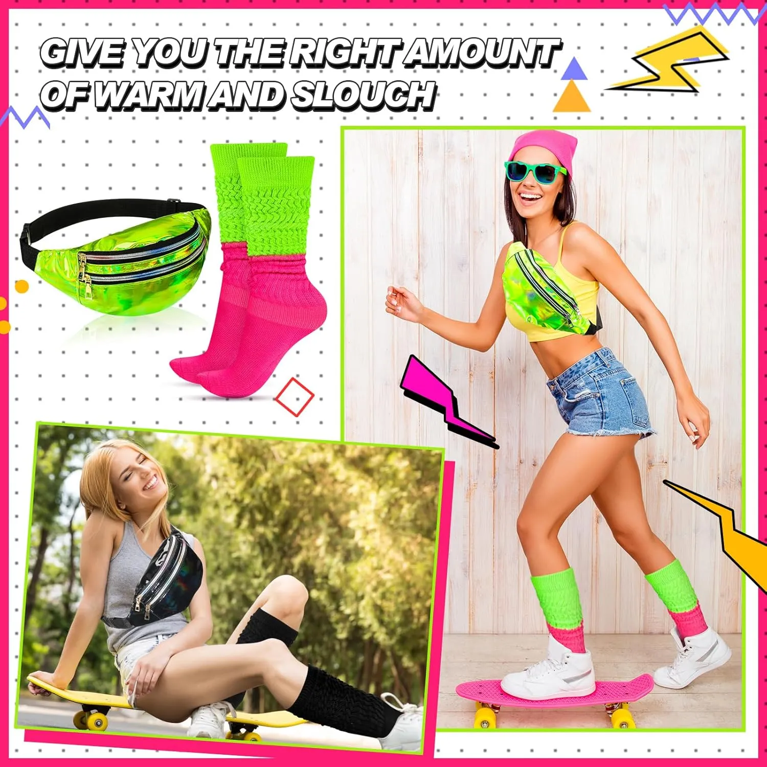 Tarpop 80s Neon Women Socks Holographic Fanny Pack Slouch Long Scrunch Sock Waist Bag for 80s 90s Halloween Costume