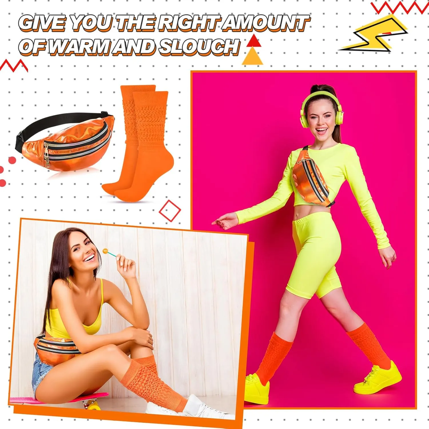 Tarpop 80s Neon Women Socks Holographic Fanny Pack Slouch Long Scrunch Sock Waist Bag for 80s 90s Halloween Costume