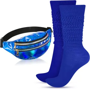 Tarpop 80s Neon Women Socks Holographic Fanny Pack Slouch Long Scrunch Sock Waist Bag for 80s 90s Halloween Costume
