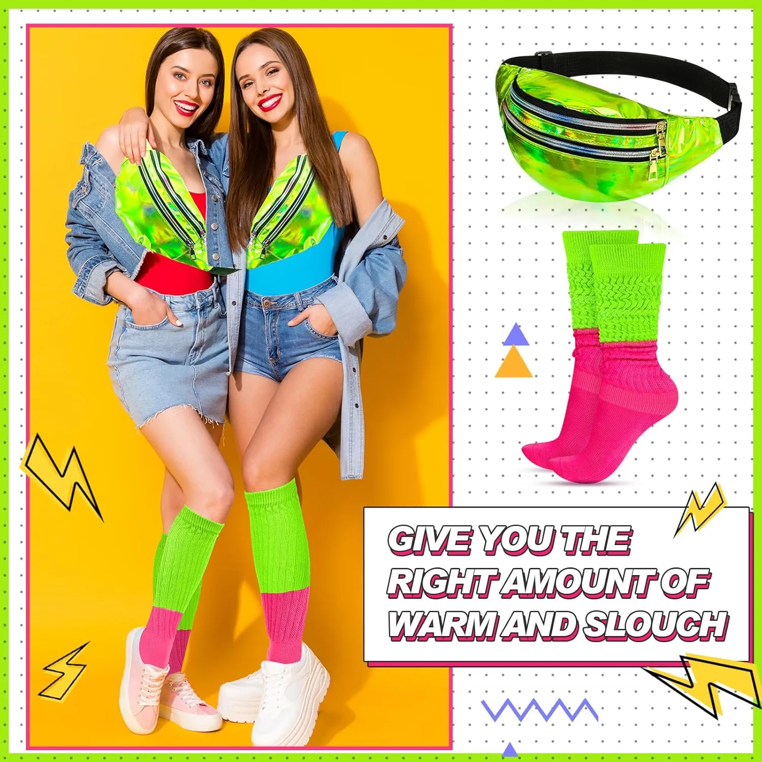 Tarpop 80s Neon Women Socks Holographic Fanny Pack Slouch Long Scrunch Sock Waist Bag for 80s 90s Halloween Costume