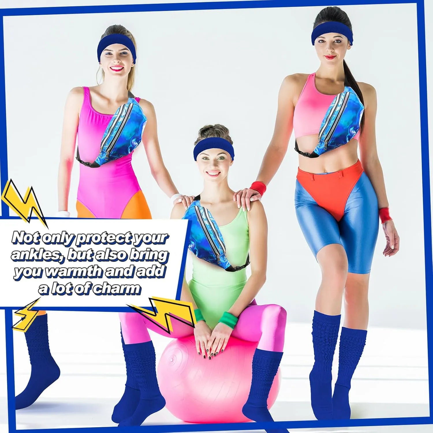 Tarpop 80s Neon Women Socks Holographic Fanny Pack Slouch Long Scrunch Sock Waist Bag for 80s 90s Halloween Costume