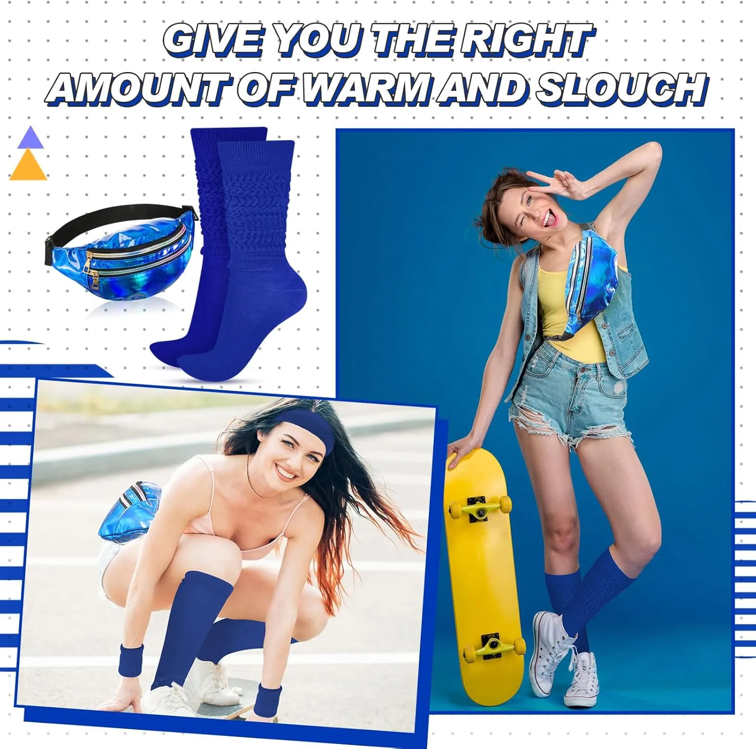 Tarpop 80s Neon Women Socks Holographic Fanny Pack Slouch Long Scrunch Sock Waist Bag for 80s 90s Halloween Costume