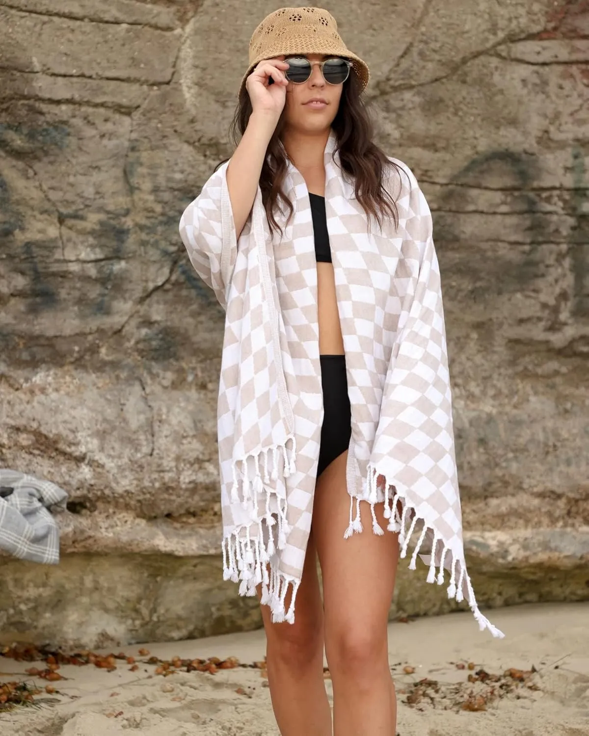 Teema Large Turkish Beach Towel - 100% Turkish Cotton - Sand Free - Fast Drying - Versatile and Multi-Use - The Checkmate (Tan)
