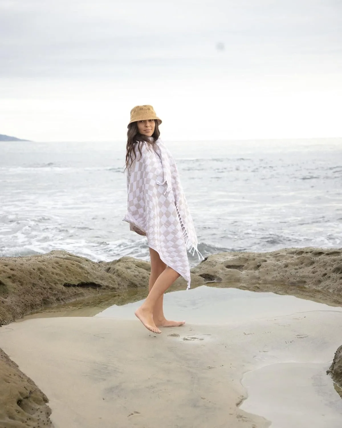 Teema Large Turkish Beach Towel - 100% Turkish Cotton - Sand Free - Fast Drying - Versatile and Multi-Use - The Checkmate (Tan)