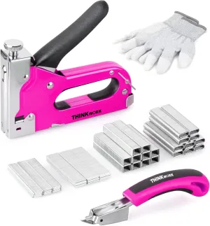 THINKWORK Upholstery Staple Gun, 4 in 1 Pink Staple Guns/Home Use with 3000 Staples, Heavy Duty with Remover for Wood, Cable, Fabric, Wall, Material Repair, DIY Manual Stapler