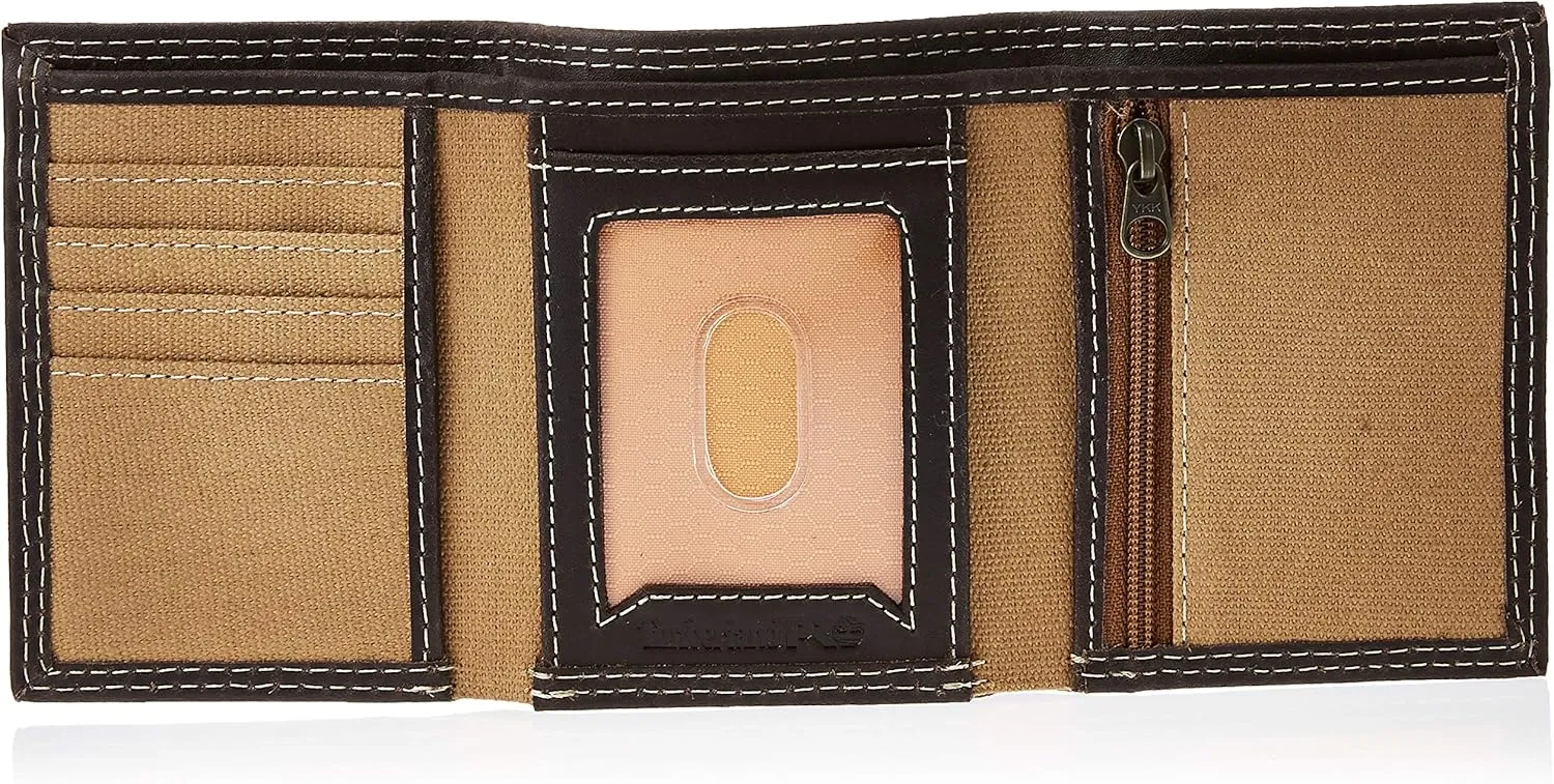 Timberland PRO Men's Canvas Leather RFID Trifold Wallet with Zippered Pockets
