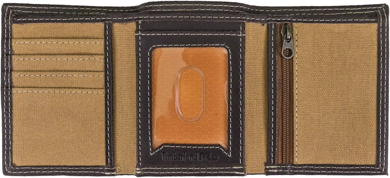 Timberland PRO Men's Canvas Leather RFID Trifold Wallet with Zippered Pockets