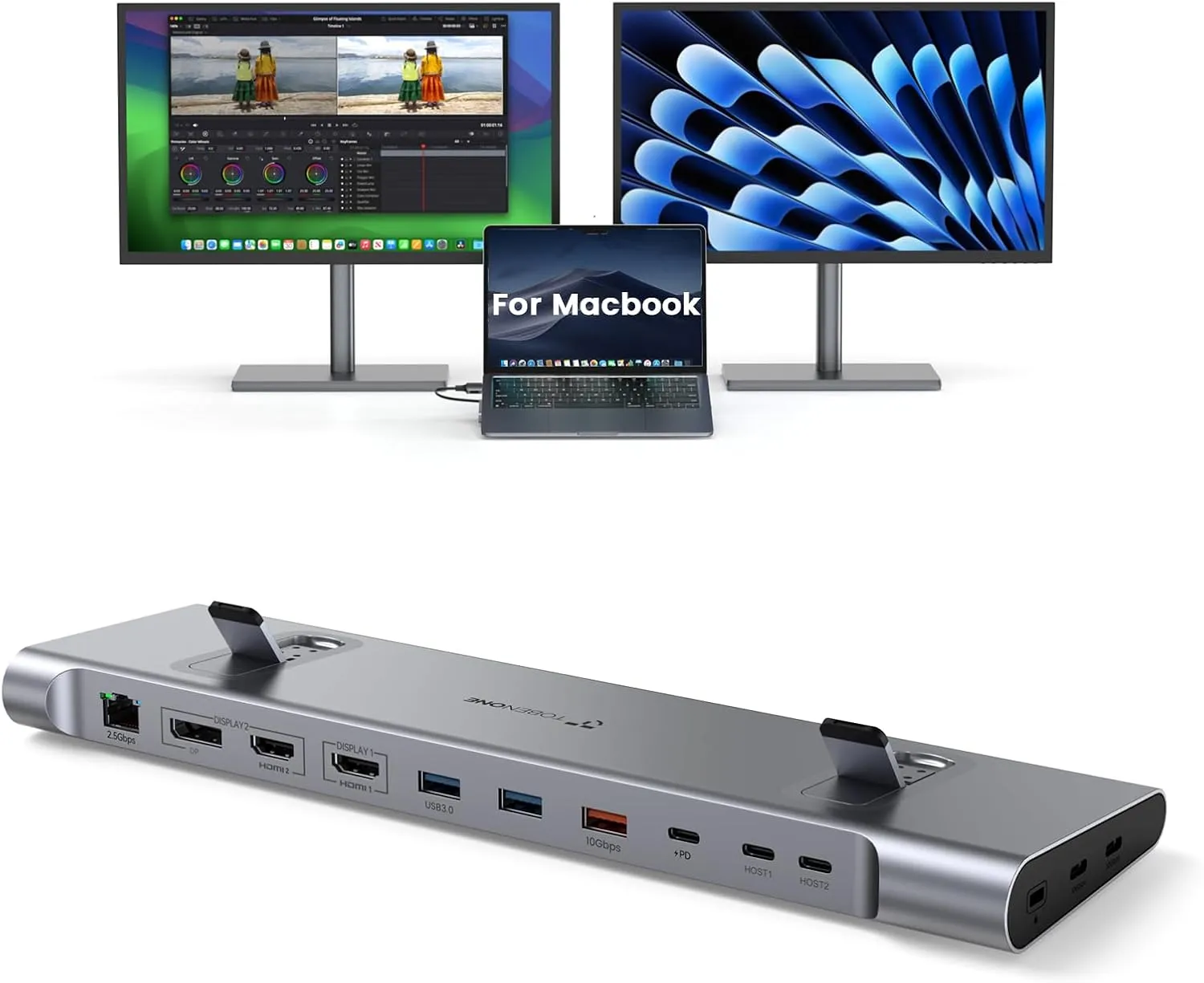 TobenONE MacBook Docking Station Dual 4K@60Hz Monitor, 16-in-2 USB C Docking Station Stand with 2.5Gbps Ethernet,100W GaN Power Supply, 2 HDMI&DP, 5 USB Ports