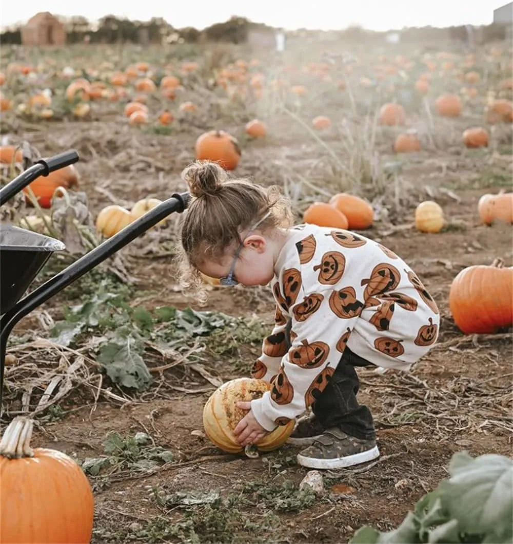 Toddler Infant Baby Girl Boy Halloween Outfit Pumpkin Sweatshirt Oversized Onesie Bubble Romper Sweater Clothes