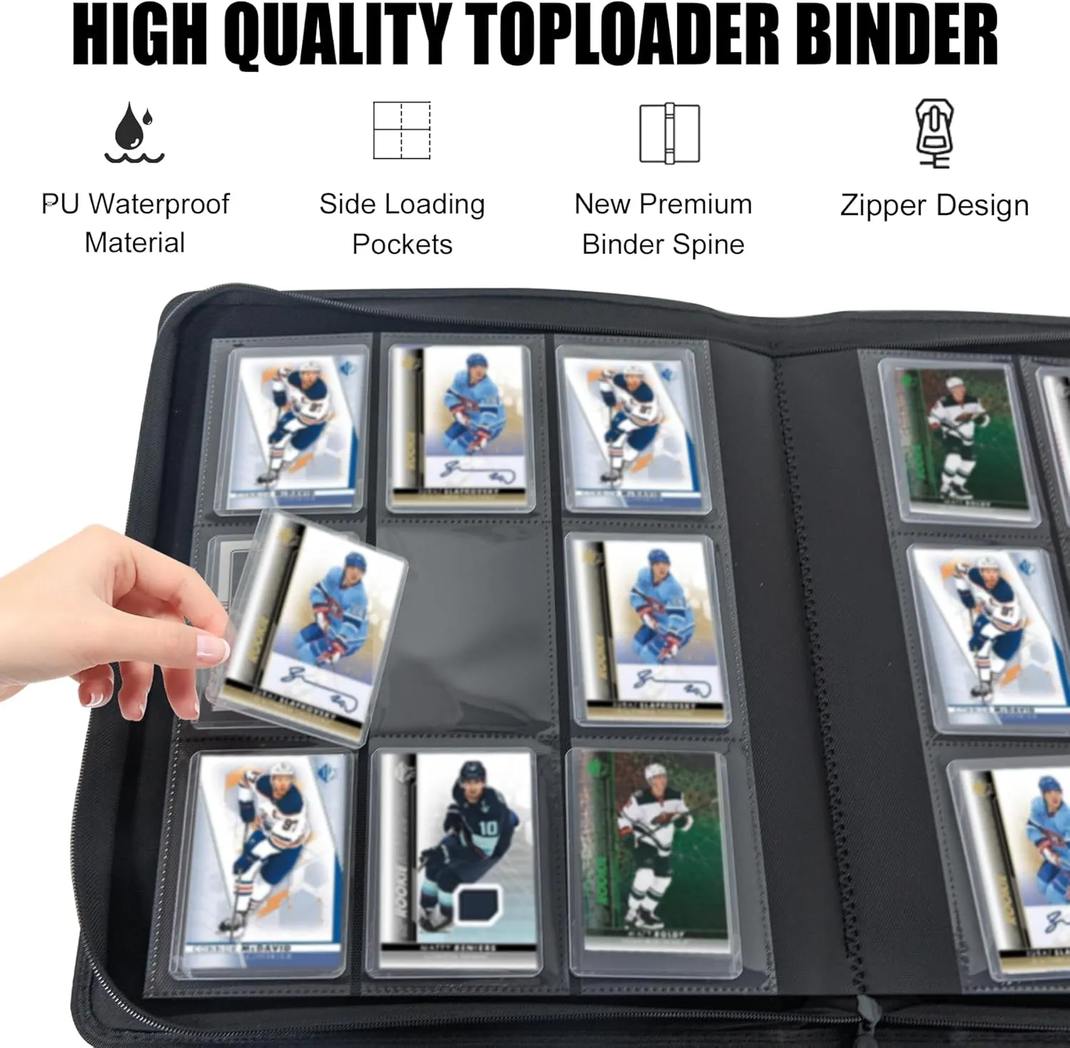 Toploader Binder - Holds 288 Toploaders,9-Pocket Ringless Double-Sided Pockets for Hockey Cards,Waterproof Top Loader Card Storage for Hockey Cards